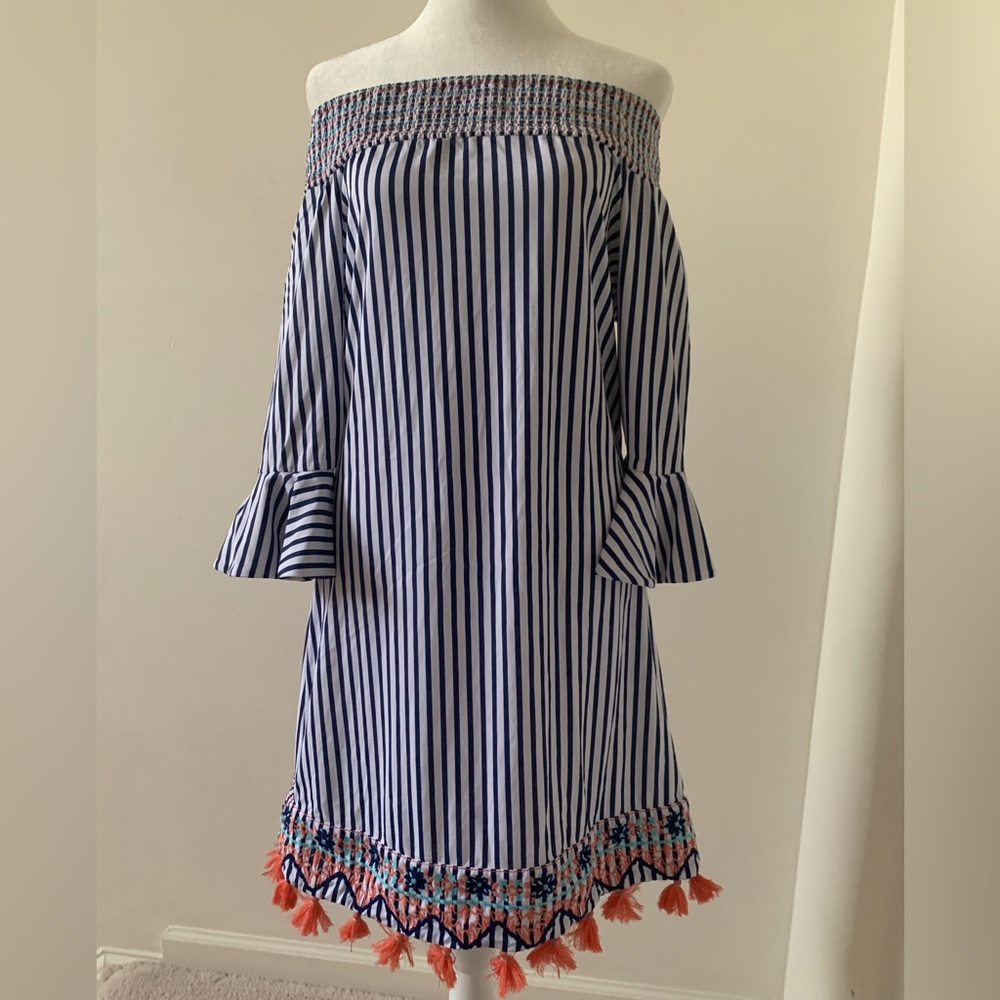 Cabana Life Blue and White Off the Shoulder Dress Size S